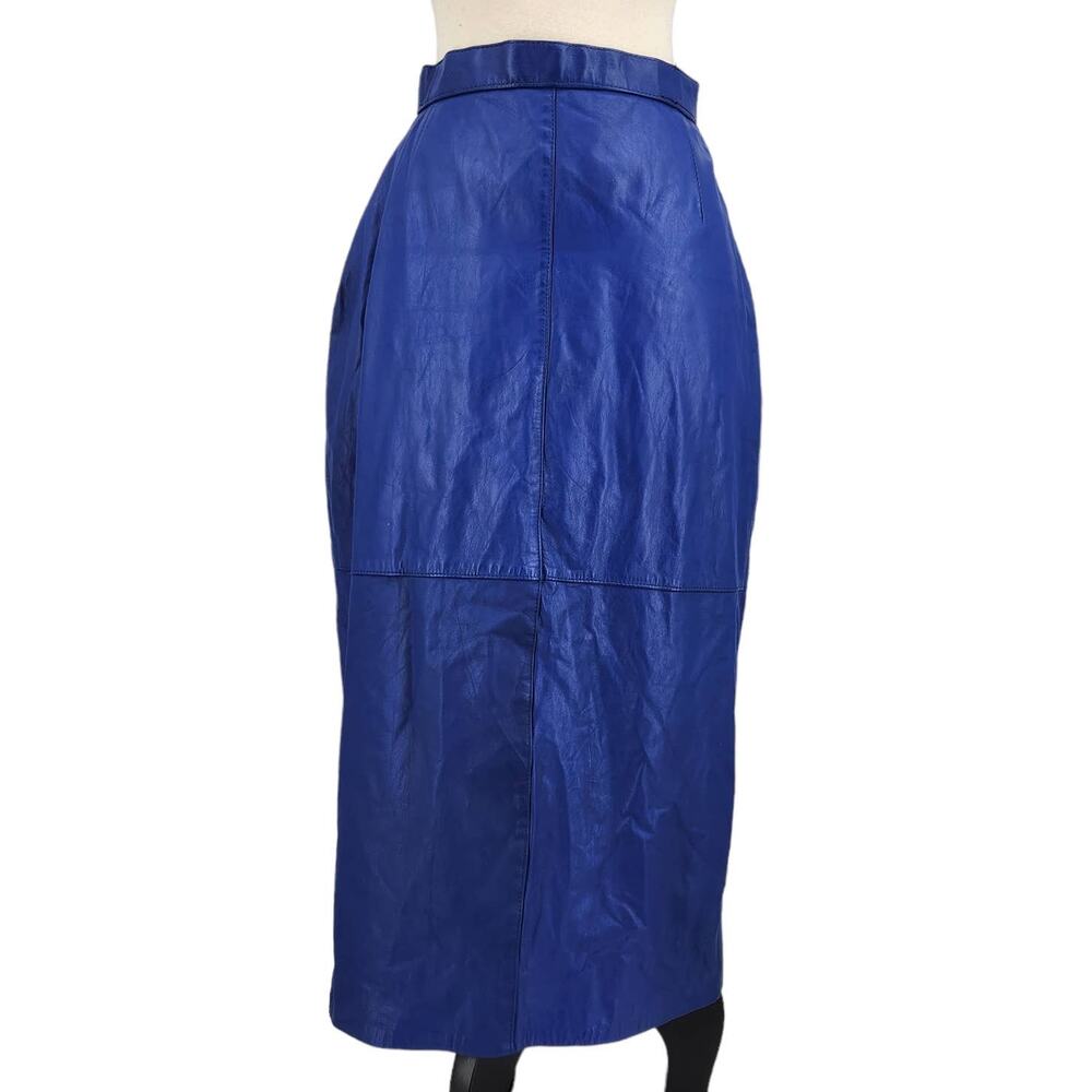 Vintage G-III Blue 100% Leather Midi Pencil Skirt with Back Buttons Small